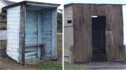 The two tumble-down bus shelters at Three Trees, Quigley's Point.