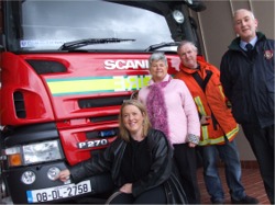 Senator Cecilia Keaveney with Cllr. Marian McDonald, fire engine driver Seamus Harkin and sub-officer Bernard Barr.