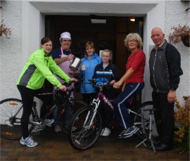 Georgina Dixon, Eddie Donaghey, Geraldine Porter, Roisin Carter, Bridget Harley and Phelim McCallion get set for the sponsored cycle in aid of Buncrana Nursing Unit Garden Fund.