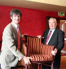 New Fine Gael Cllr 'Black Mickey' Doherty, right, and his campaign manager 'Big Jim' McLaughlin "take a seat" at the count centre at the Inishowen Gateway Hotel, Buncrana.