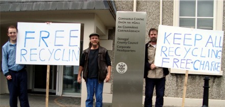 CARC members Seamus Noone, Charlie Williams and David Radford protesting outside the County House in Lifford.