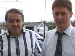 Draughts Grandmasters, from left, Alex Moiseyev and Hugh Devlin.